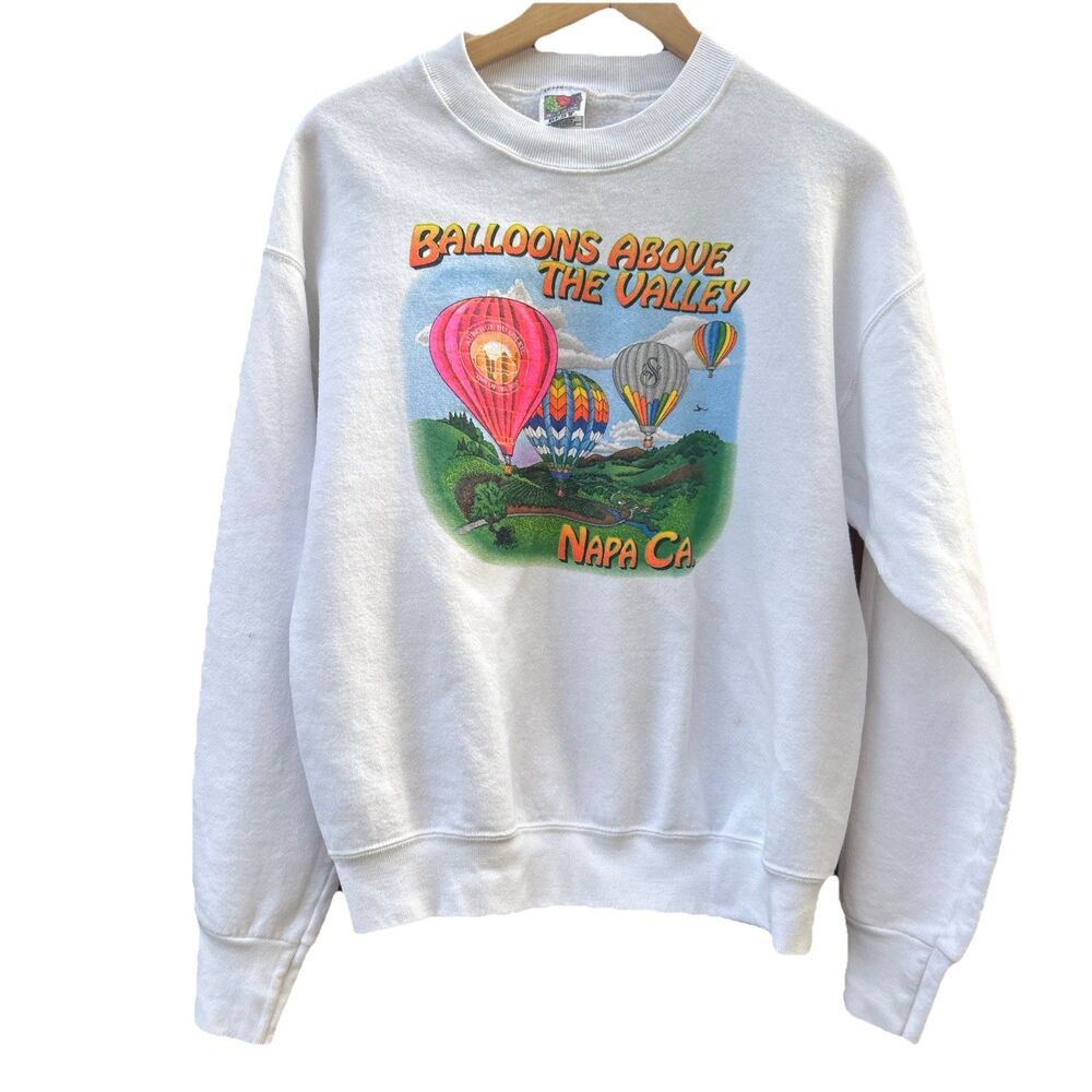 Vintage 90s US Hot air Balloon Valley Napa Neon Women’s Sweater Sz Medium White